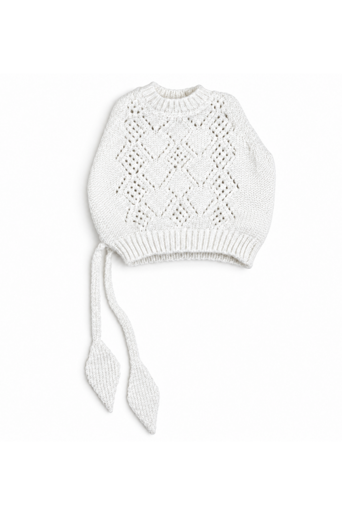 White diamond openwork knit top with round neckline, ribbed hem and leaf-ended side ties for 1:6 fashion dolls
