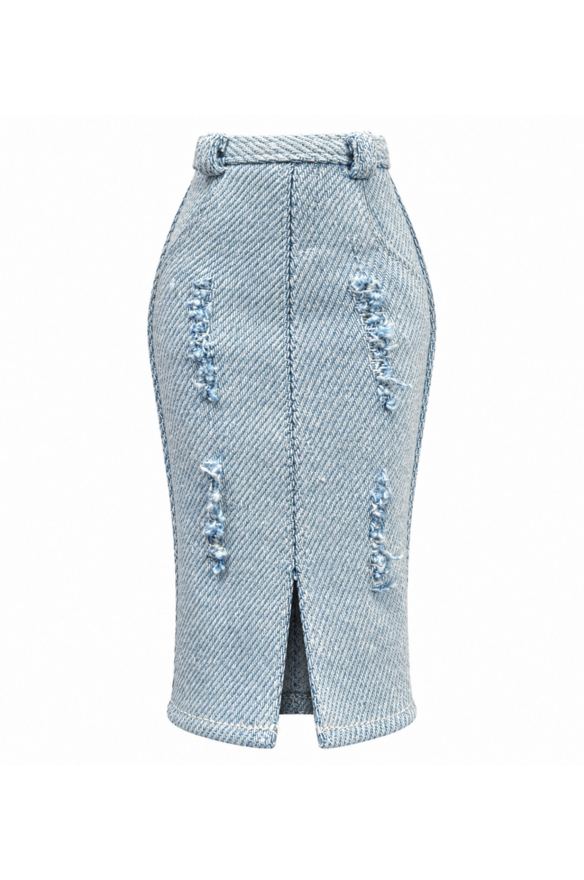Light blue distressed denim midi skirt with belt loops and front slit for 1:6 fashion dolls