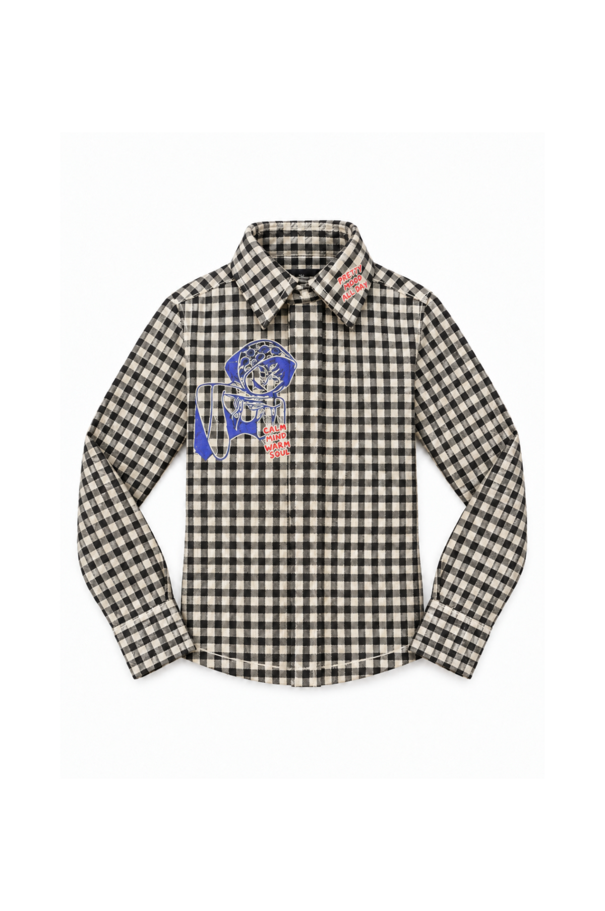 Black-and-ivory graphic gingham long-sleeved doll shirt — BARE FW 26