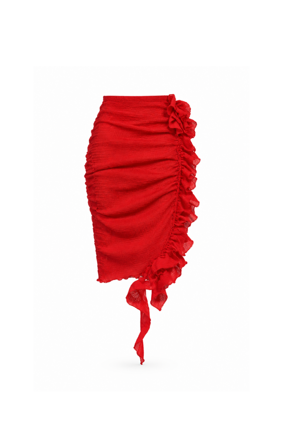 Red ruched ruffle midi skirt for 1:6 fashion dolls — BARE FW 26