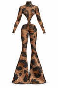Leopard-print sparkling jumpsuit with high neck, long sleeves, waist cutouts and flared legs for 1:6 Fashion Royalty dolls