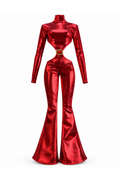 Metallic red jumpsuit with high neck, long sleeves, waist cutouts, gold-tone buckle and flared legs for 1:6 fashion dolls