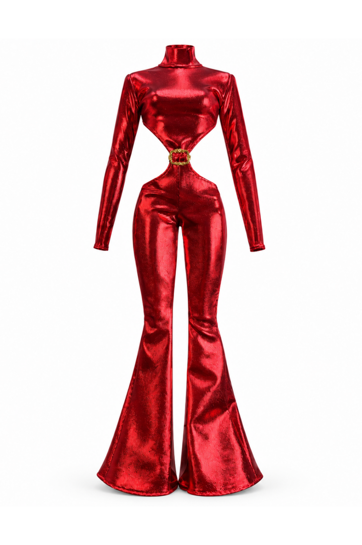 Metallic red jumpsuit with high neck, long sleeves, waist cutouts, gold-tone buckle and flared legs for 1:6 fashion dolls