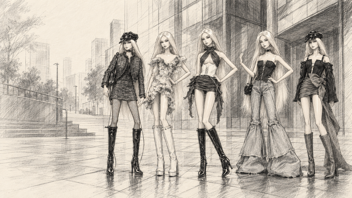 Graphite fashion illustration of five BARE doll looks on a metropolitan street.