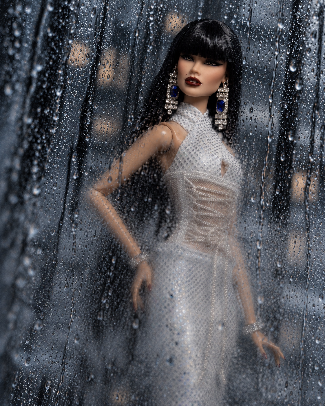 Atmospheric fashion-doll campaign image of the BARE silver halter maxi dress behind rain-covered glass.