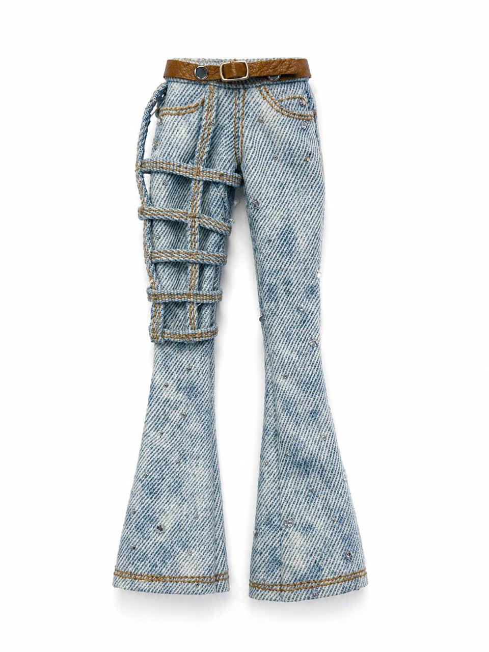 DELUXE | Light Wash Caged Flare Jeans with Belt and Crystal Details for 1/6 Scale Fashion Doll | BARE